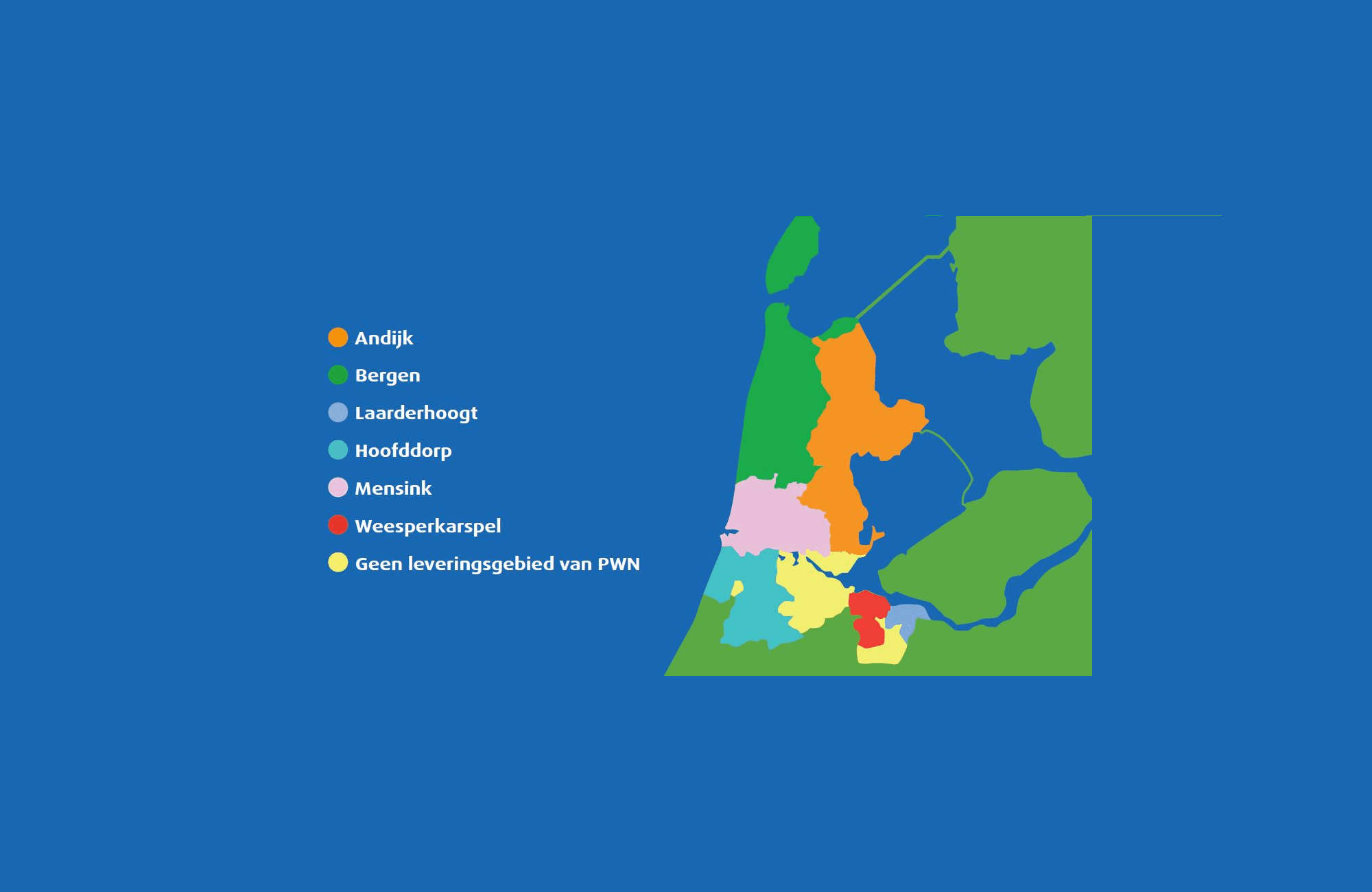 Dit is een kaart waar op staat waar het drinkwater in Noordholland per regio vandaan komt.