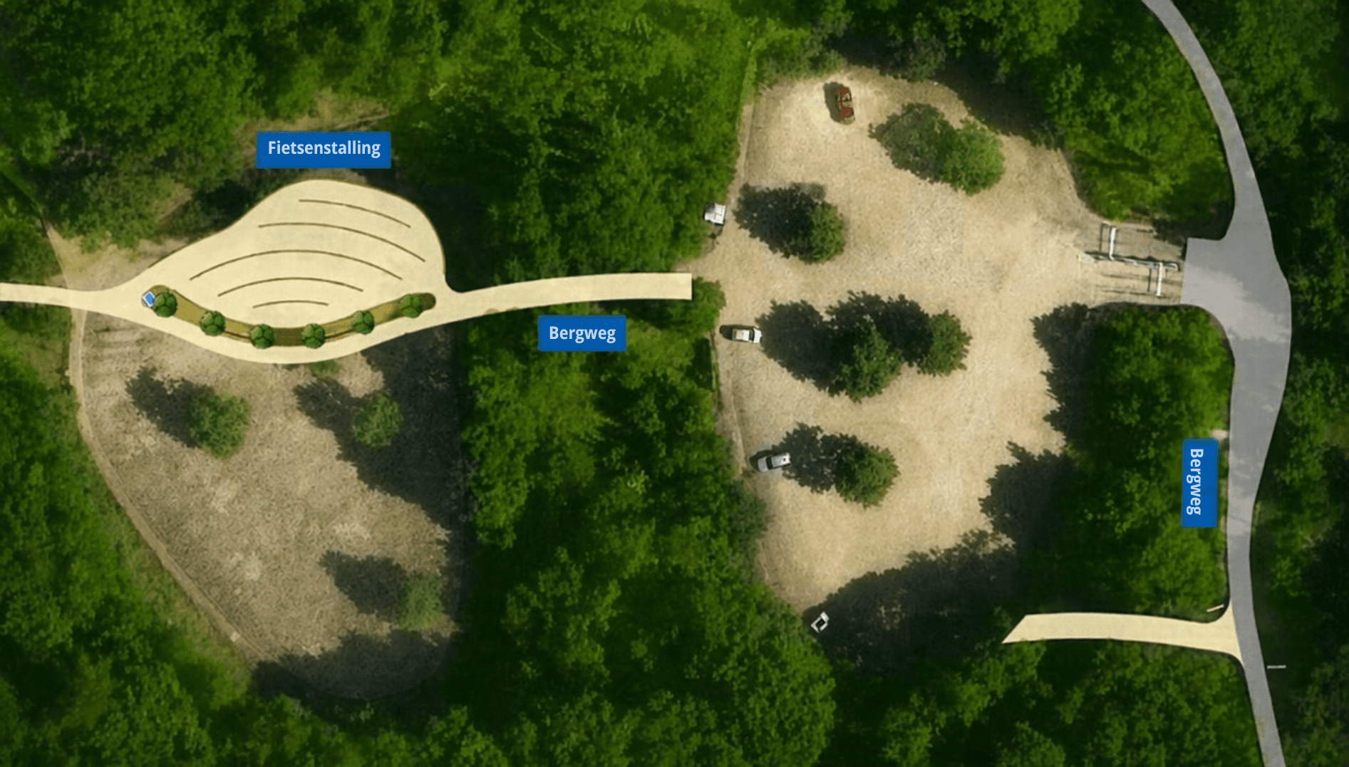 Het nieuwe ontwerp van de parkeerplaats Bleek en Berg en de fietsenstalling.