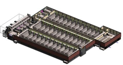 Schets van binnenzijde van het nieuwe koolfiltergebouw in Andijk.