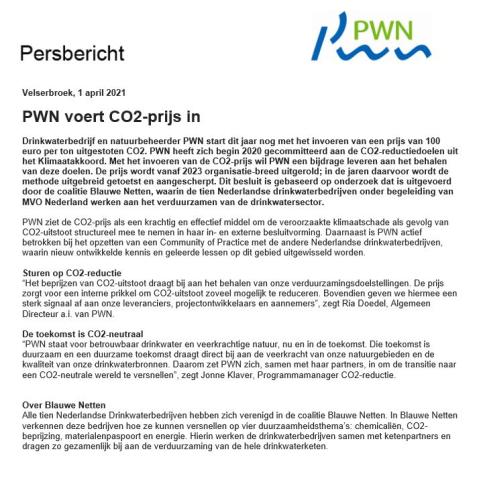 Persbericht 01-04-2021 PWN voert CO2-prijs in